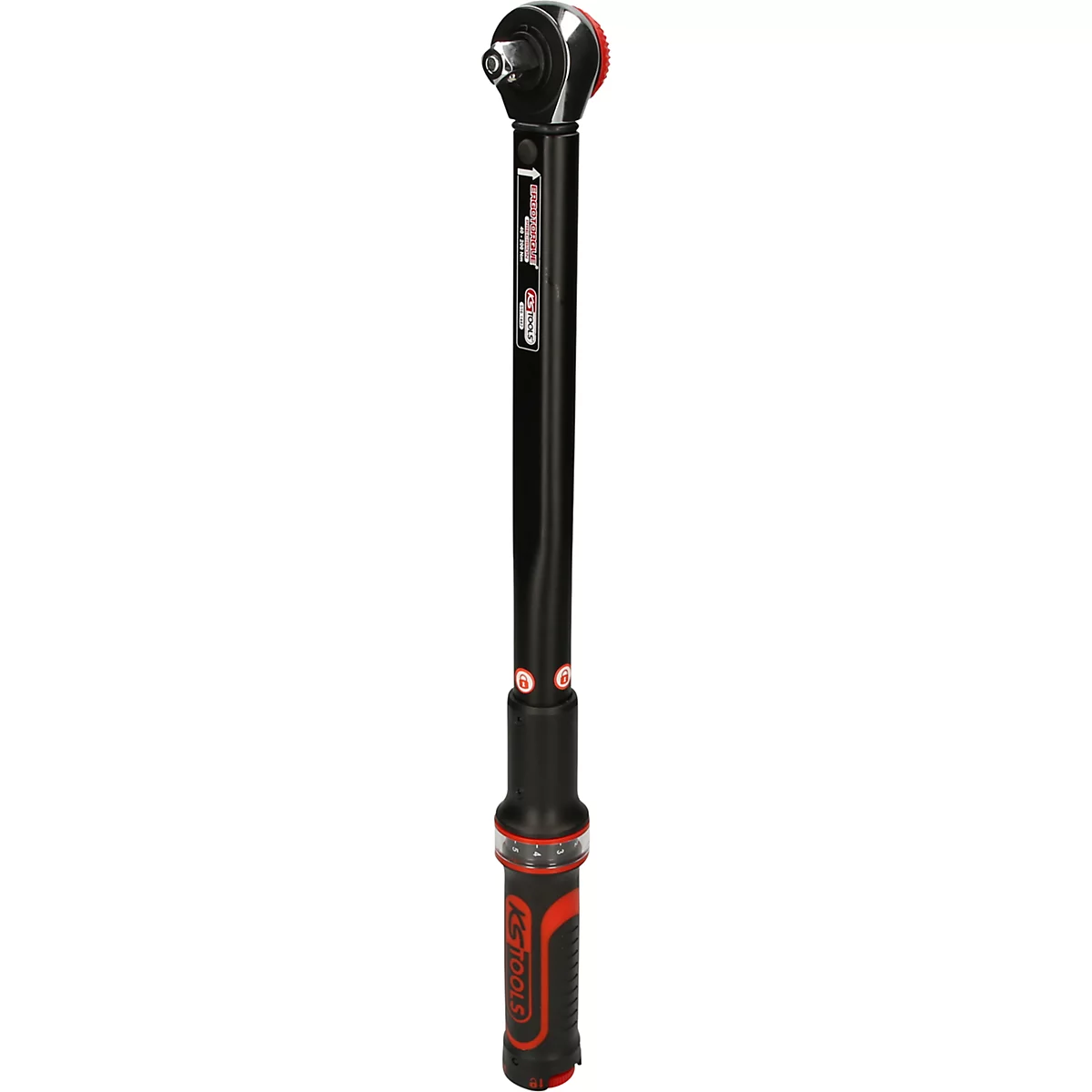 Ein schwarzer Drehmomentschlüssel mit roten Akzenten. Der obere Teil ist verchromt, der Griff geriffelt.