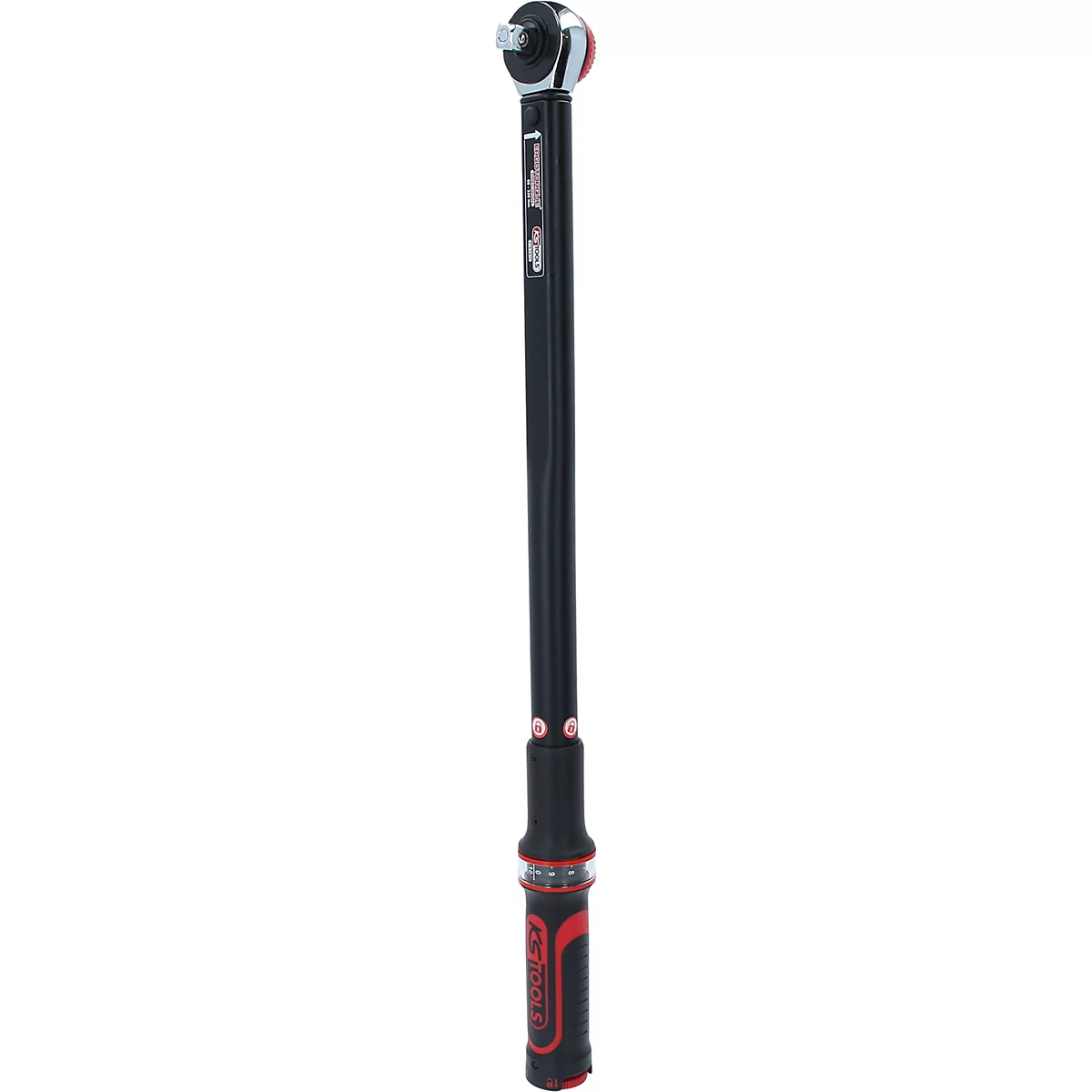 Ein Drehmomentschlüssel, hauptsächlich in Schwarz und Silber gehalten. Der Griff ist rot akzentuiert.