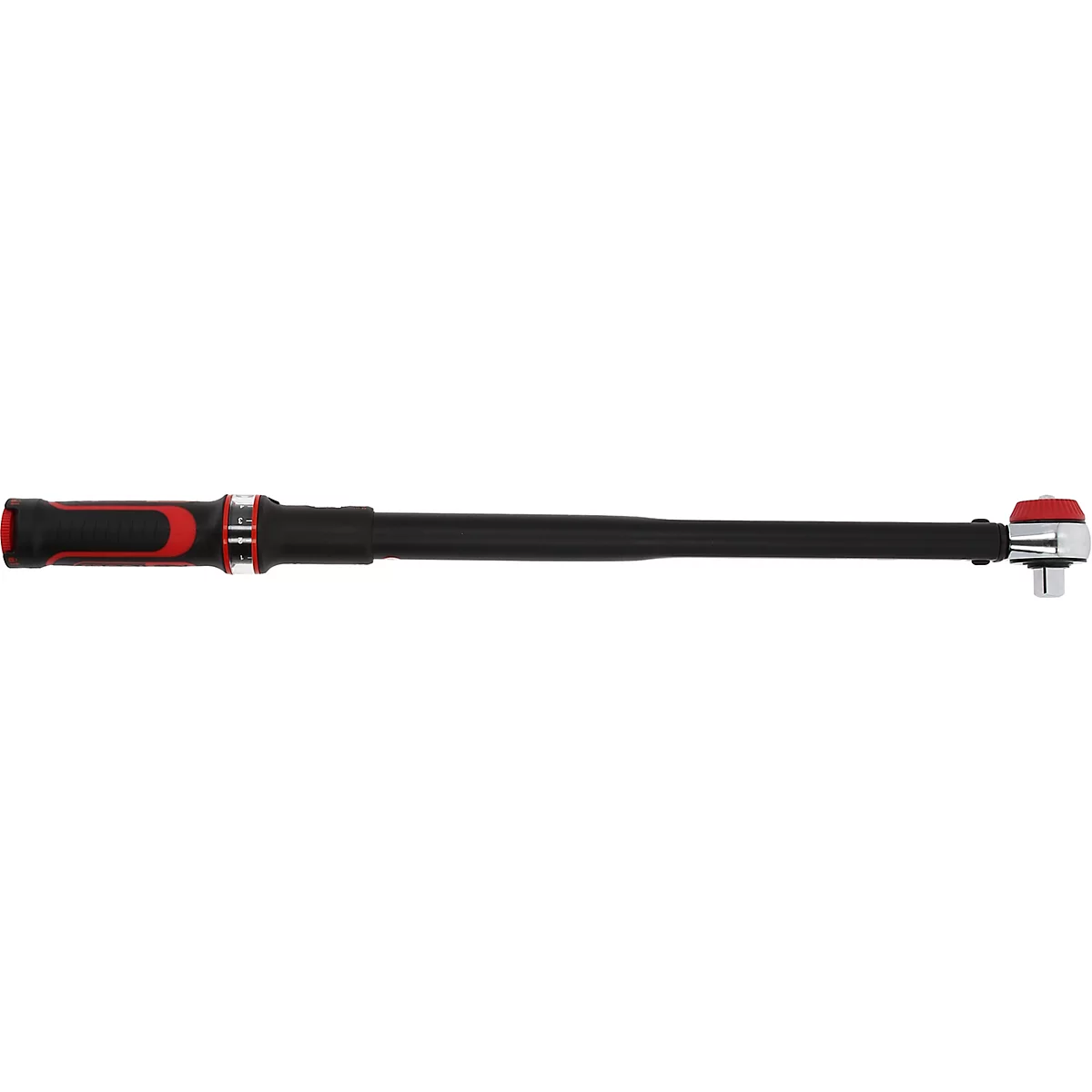 Ein schwarzer Drehmomentschlüssel mit rotem Griff und roter Markierung.