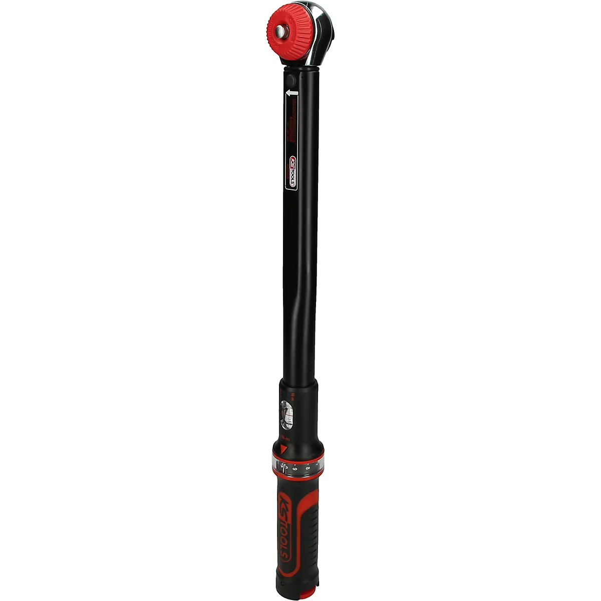 Schwarzes Werkzeug mit rotem Kopf und rotem Griff. Detailaufnahme.