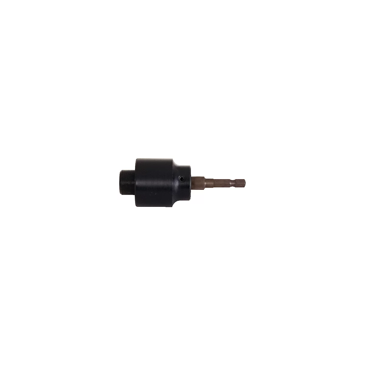 Schwarzer Adapter für Bohrmaschine mit braunem Bit.