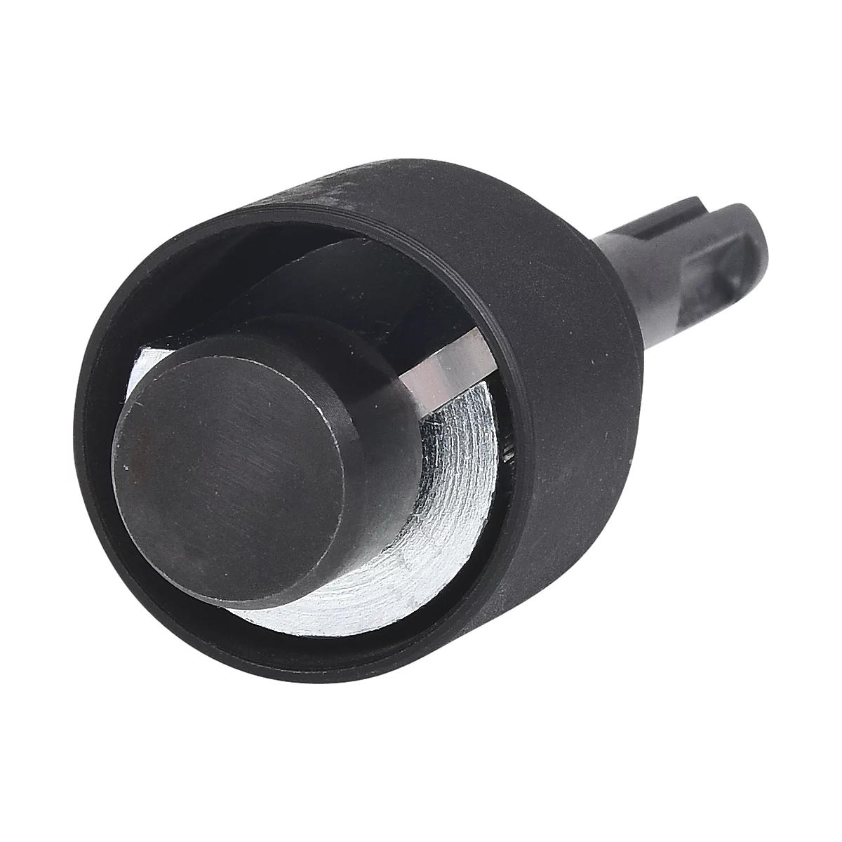 Schwarzes Metallteil, zylindrisch mit Metallplatte und Stift. Detailaufnahme.