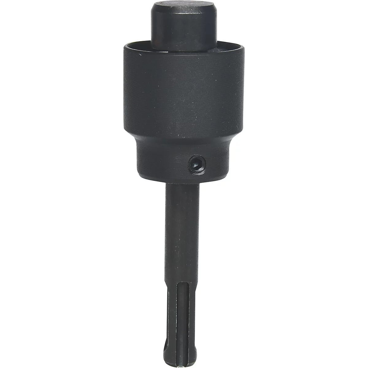 Schwarzer Adapter für ein Werkzeug, zylindrisch und robust, mit einer Fassung oben und einem Schaft unten.