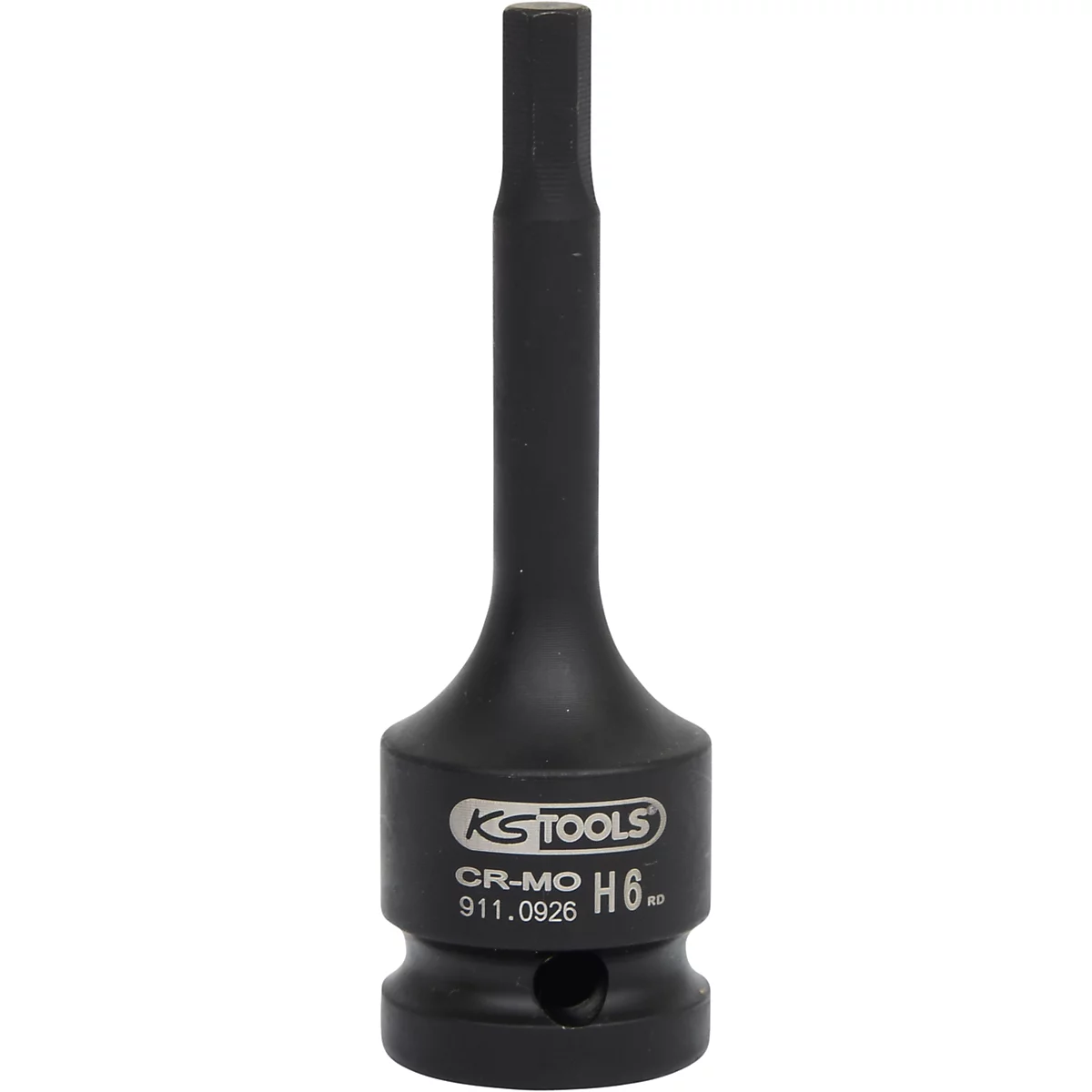 Schwarzer Sechskant-Bit-Adapter mit silbernem Schriftzug von KS Tools. Aufgedruckte Informationen: CR-MO H6, 911.0926.
