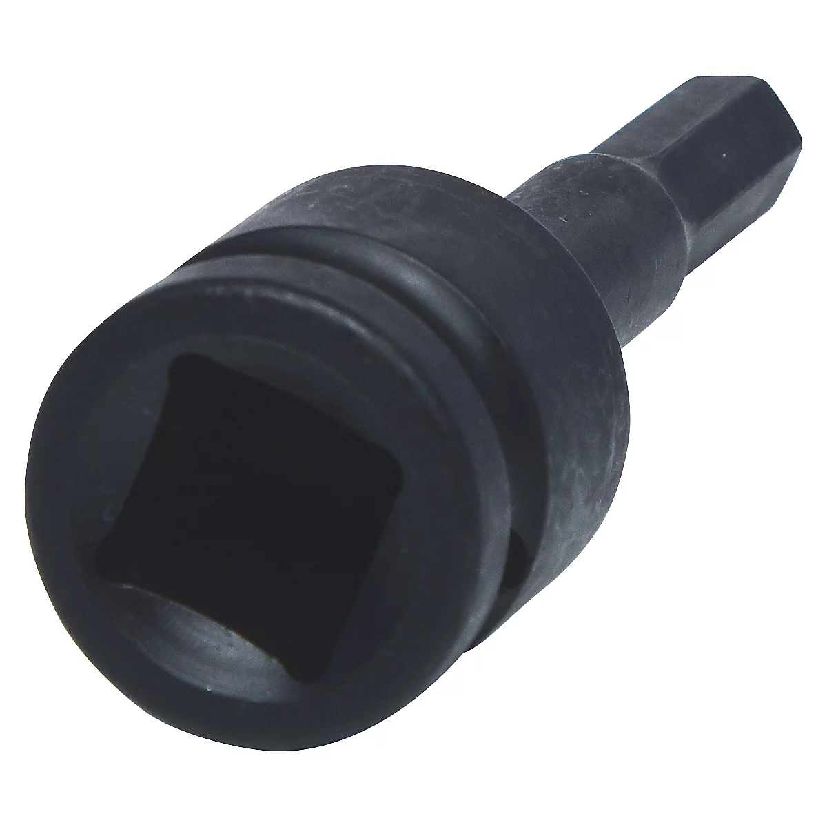 Schwarzer Steckschlüsselaufsatz, viereckiger Kopf, sechseckiger Schaft.