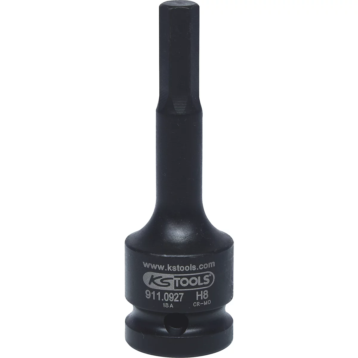 Schwarze Innensechskant-Stecknuss von KS TOOLS. Auf der Stecknuss stehen folgende Angaben: 911.0927 H8 CR-MO.