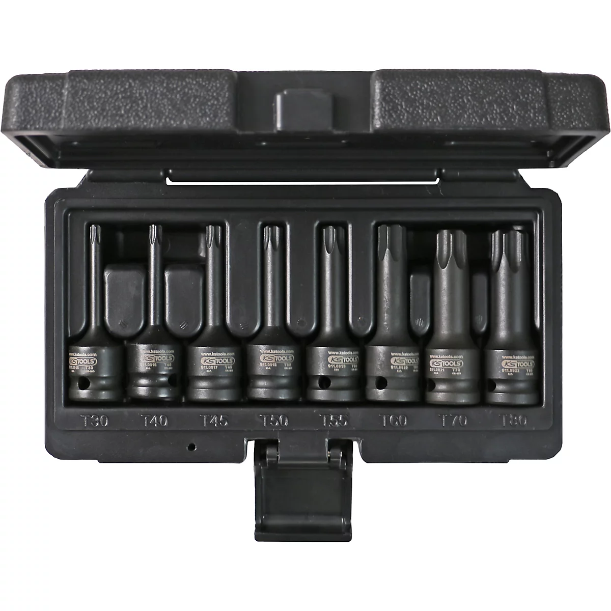 Schwarzes Werkzeugset mit Torx-Bits in einem geöffneten Koffer.