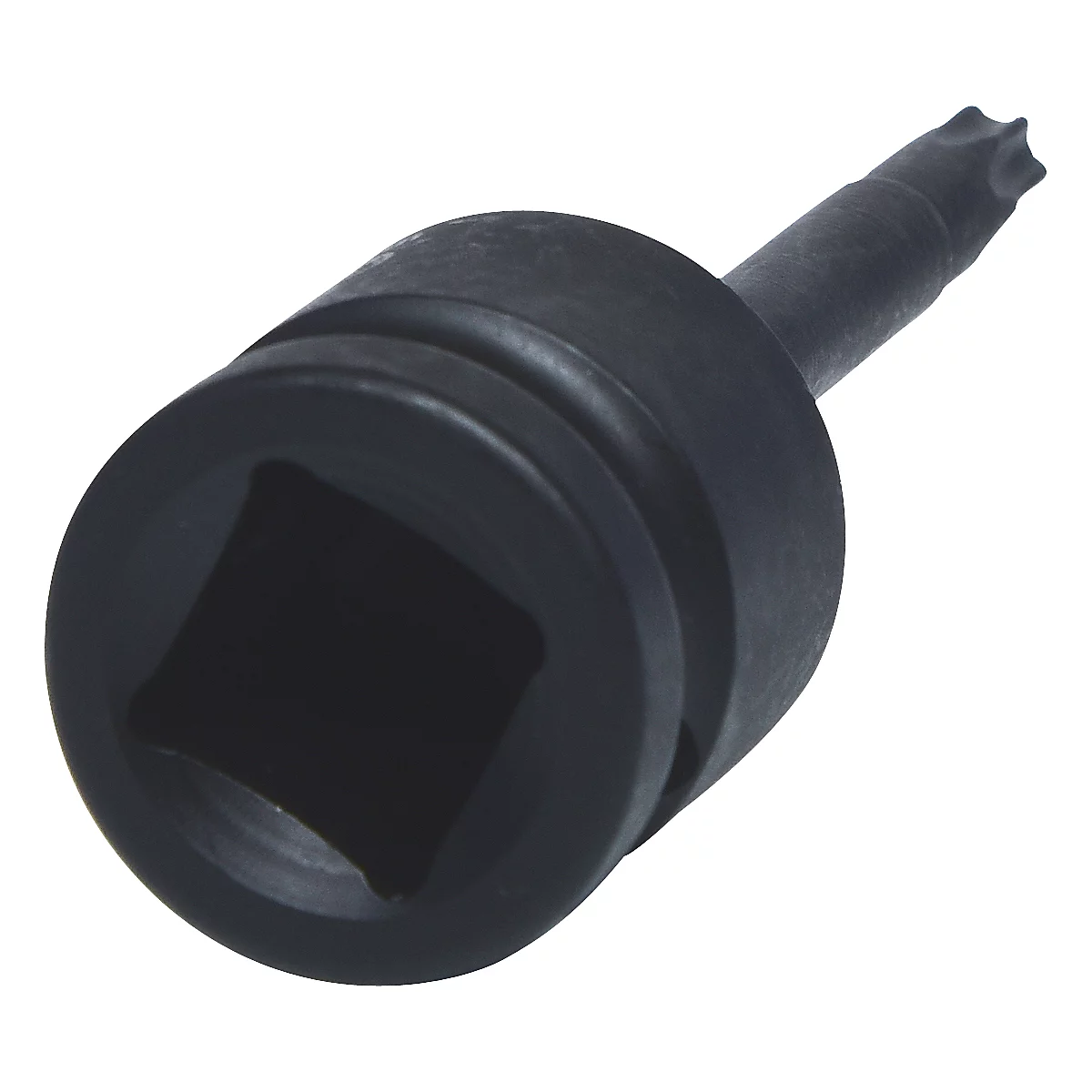 Nahaufnahme eines schwarzen Steckschlüssels mit Torx-Bit, der in einem quadratischen Sockel steckt.