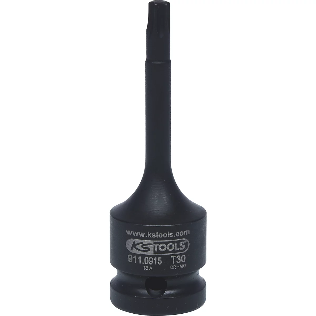 Schwarzer Werkzeugaufsatz von KS TOOLS. Der Aufsatz hat eine sechskantige Spitze und einen breiten Kopf mit Schriftzug.