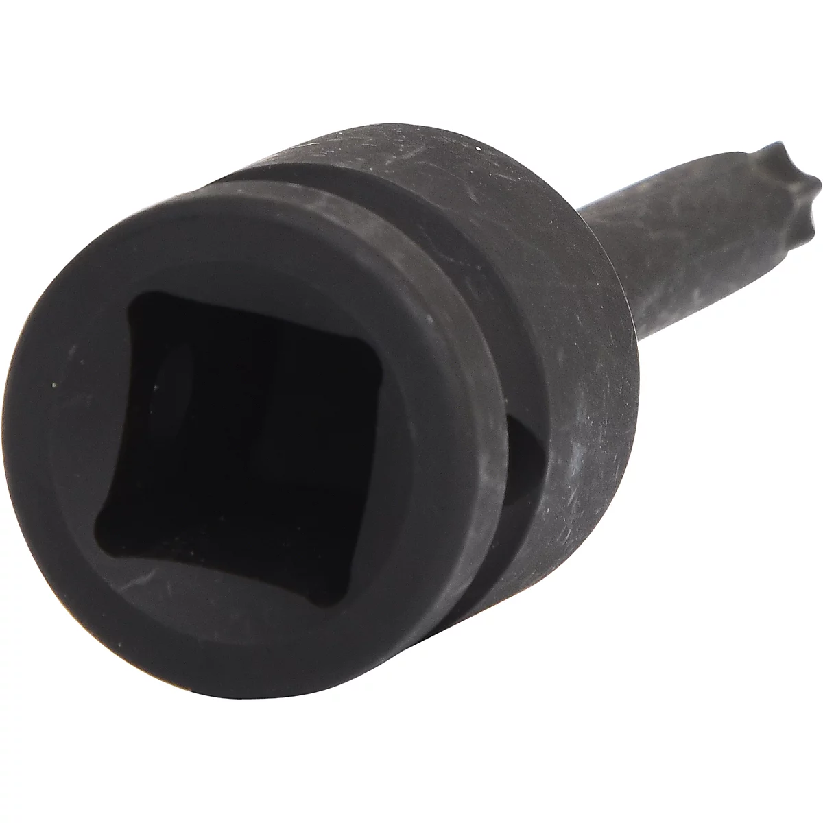 Schwarzer Steckschlüsselsatz-Aufsatz mit quadratischer Fassung und sternförmigem Bit.