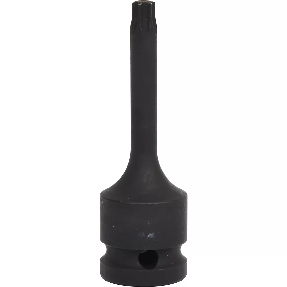 Dunkle Torx-Stecknuss vor weißem Hintergrund. Der lange Schaft hat am Ende einen sternförmigen Kopf.