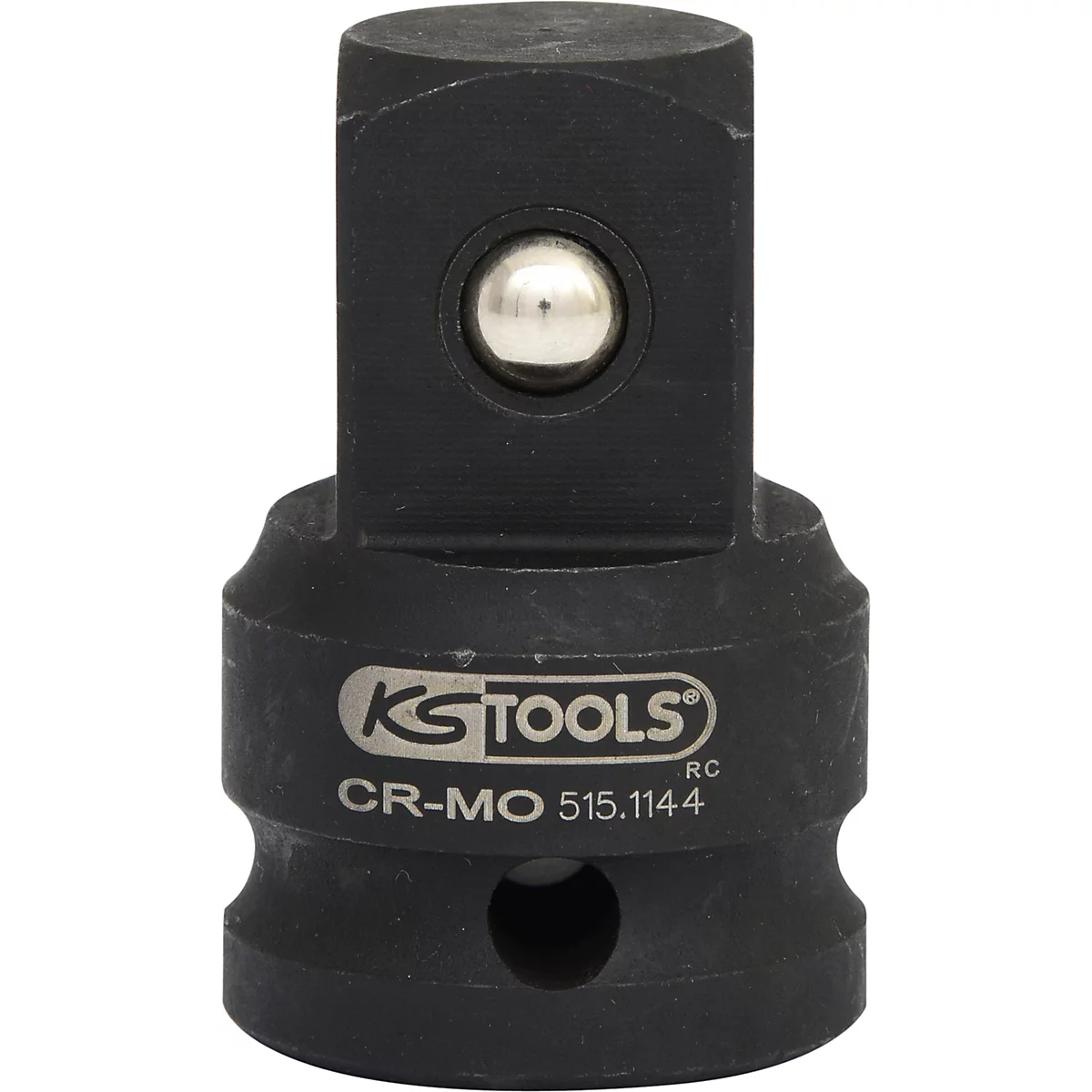 Ein schwarzes KS TOOLS Steckschlüssel-Adapterstück. Unten abgerundet, oben quadratisch, mit Kugel und Schriftzug.