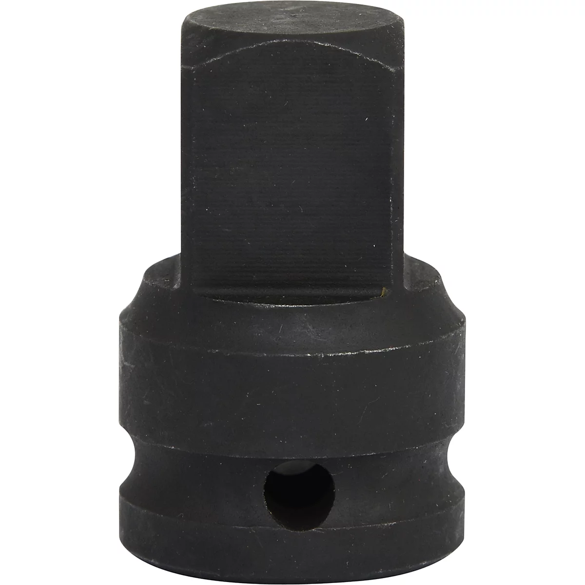 Schwarzer, metallischer Adapter für einen Schraubenschlüssel, zylindrisch mit quadratischem Aufsatz.