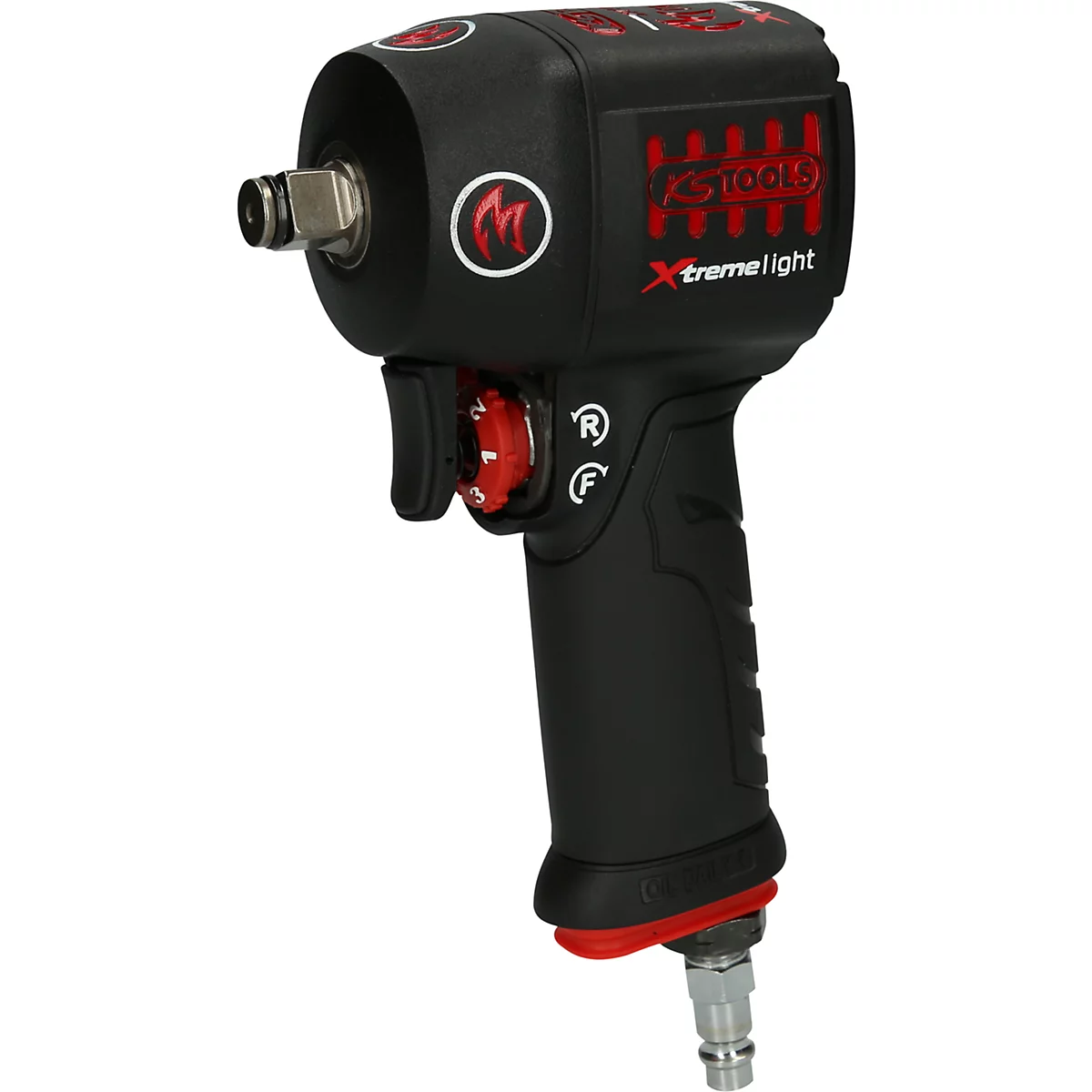 Schwarzer Druckluftschrauber mit roten Akzenten. Aufschrift: "KS Tools xtreme light".