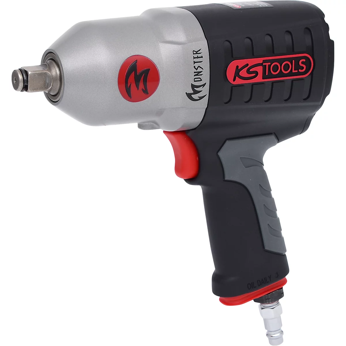Schlagschrauber, silber-schwarz mit rotem Auslöser. Logo: "Monster" und "KS TOOLS".
