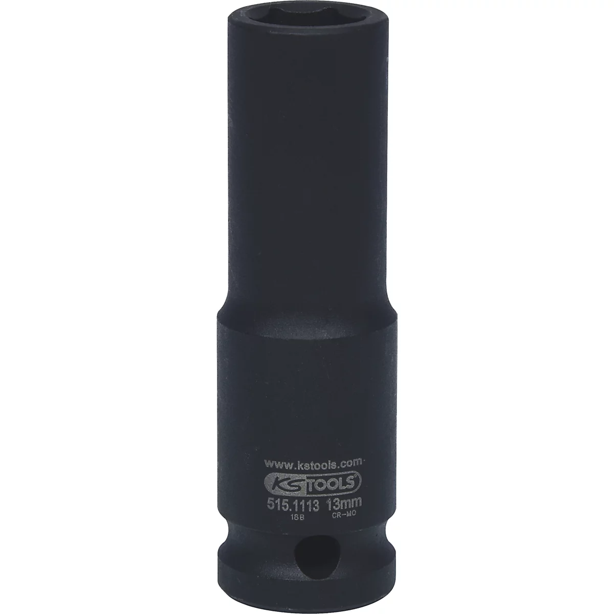 Ein schwarzer Steckschlüssel. Am unteren Ende ist ein kleines Loch und am oberen Ende eine Öffnung. Aufschrift: KS TOOLS.