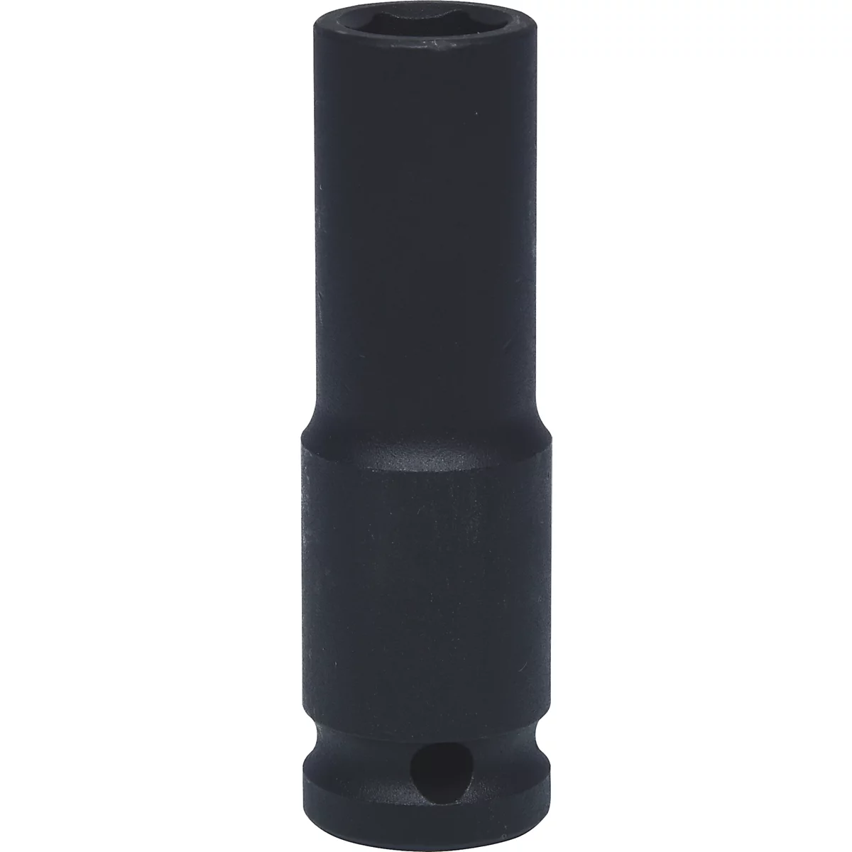 Schwarze Stecknuss mit sechseckiger Öffnung und Loch. Sie dient als Werkzeug zum Anziehen oder Lösen von Schrauben.