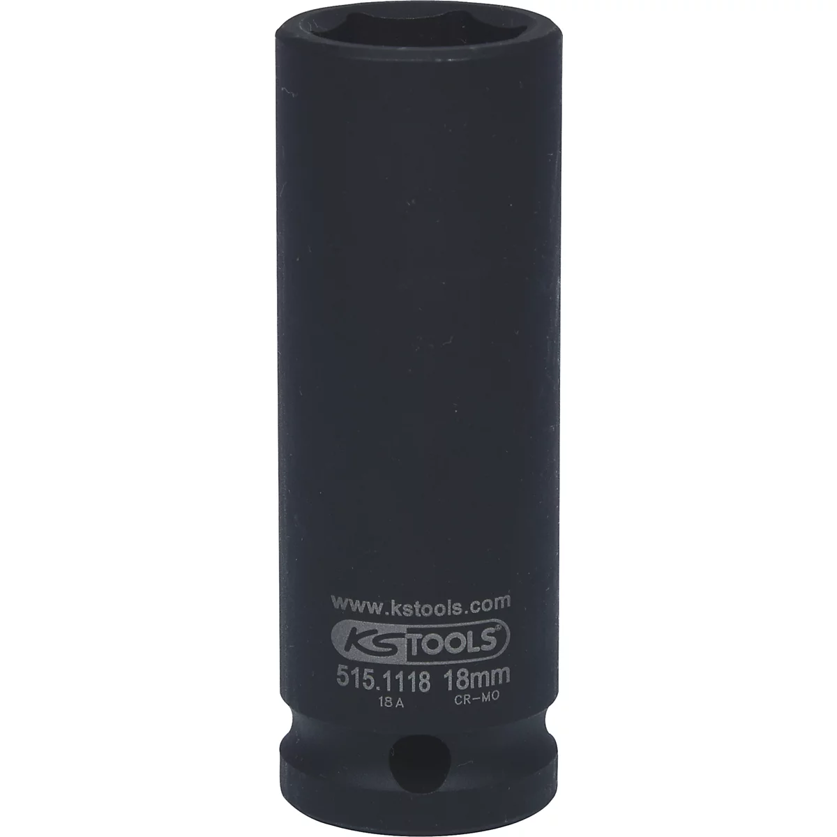 Schwarze Steckschlüssel-Nuss mit sechsseitigem Loch. Aufschrift: KS TOOLS, 515.1118 18mm, www.kstools.com.