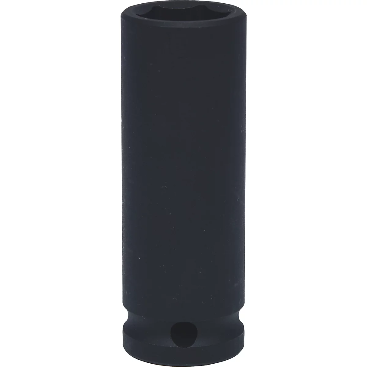 Dunkelgraue Steckschlüsseleinsatz mit sechseckiger Öffnung, Bohrung und Aussparung.