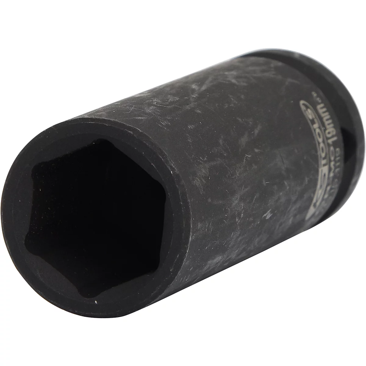 Schwarze Sechskant-Stecknuss, Detailaufnahme. Der Schriftzug „19mm“ ist zu erkennen.