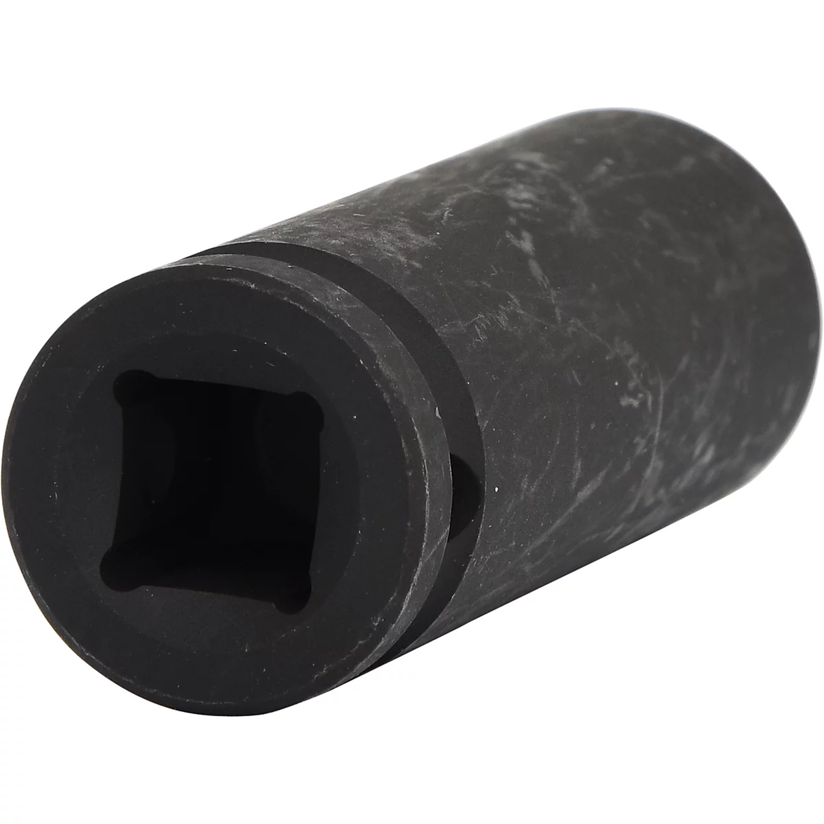 Schwarze Steckschlüssel-Nuss, zylindrisch mit quadratischer Öffnung.
