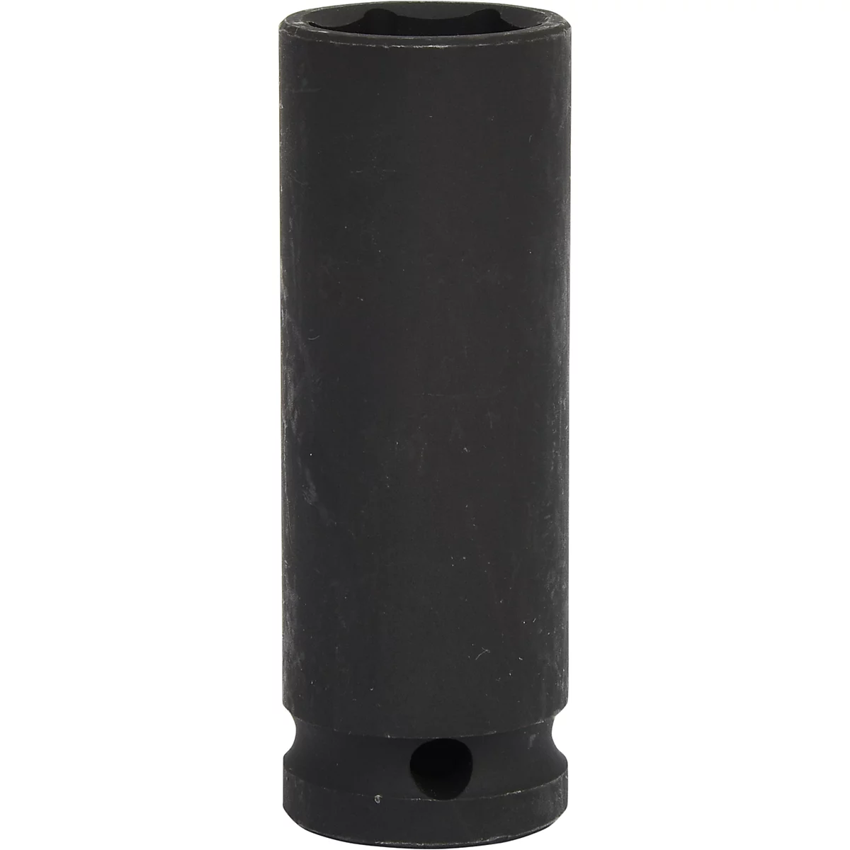 Dunkelgraue Sechskant-Stecknuss für Schrauben. Oben und unten abgeschrägt, mit einem Loch an der Unterseite.