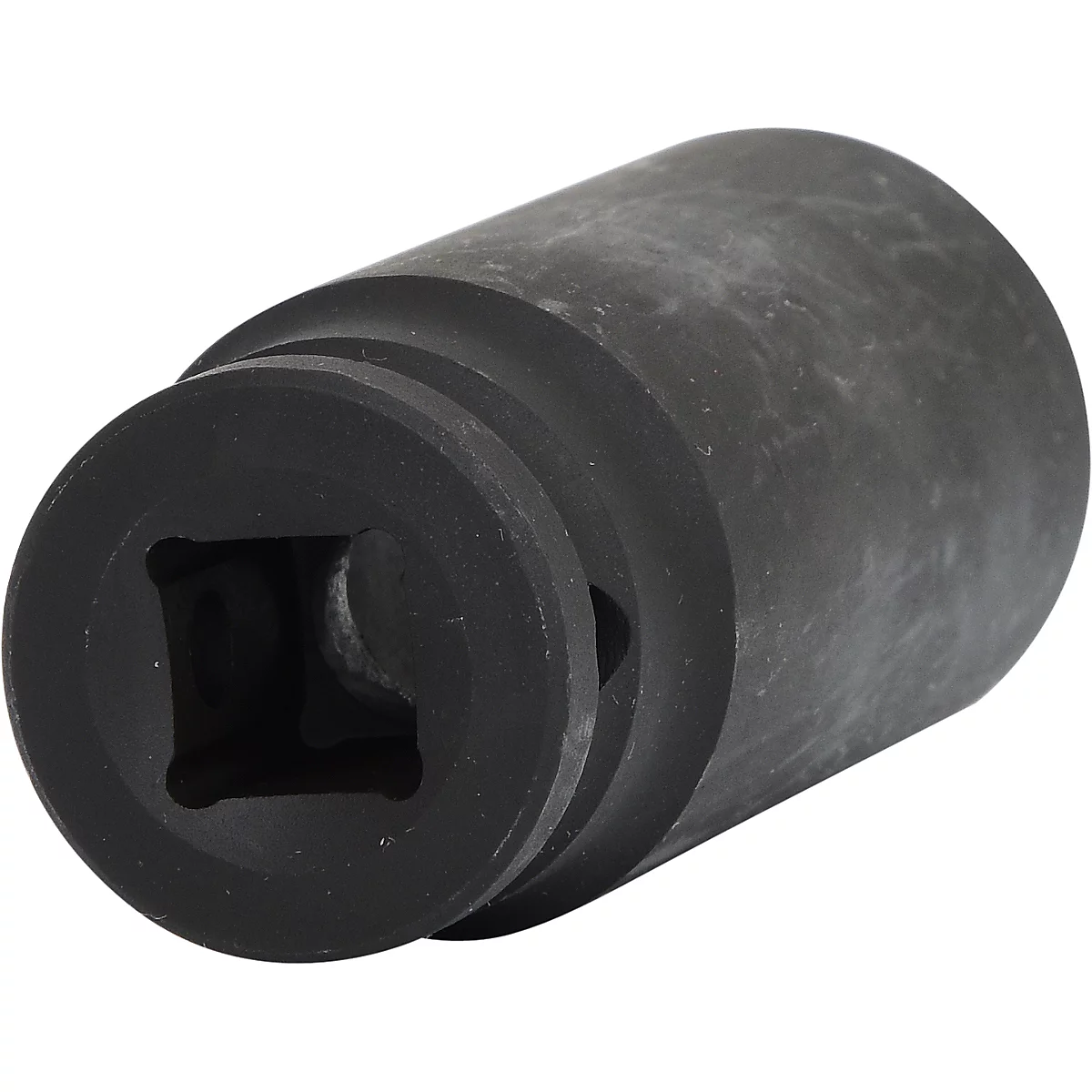 Schwarzer, zylindrischer Steckschlüsseleinsatz mit quadratischer Innenaufnahme.