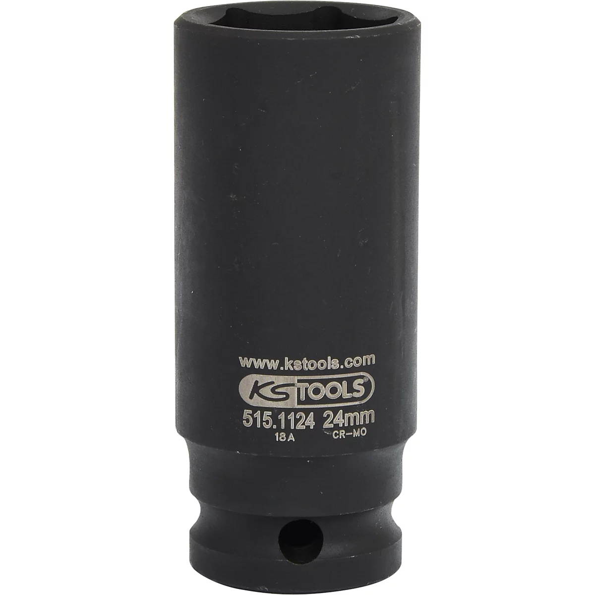 Schwarze Stecknuss mit Text, Webseite und Modellnummer. Oben sechseckige Öffnung.