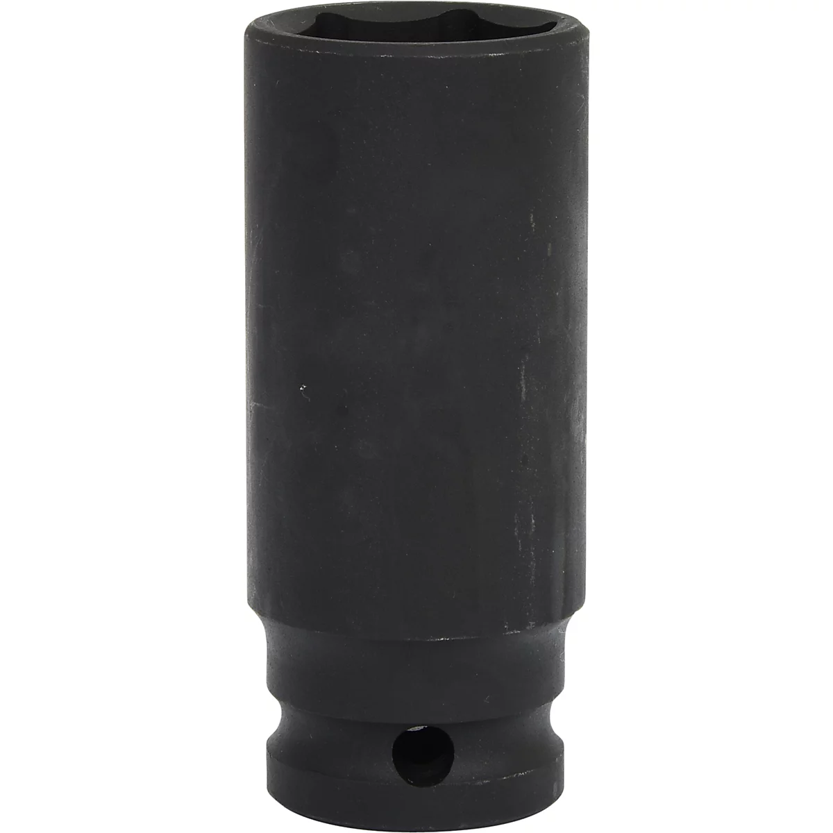 Dunkelschwarze Steckschlüssel-Nuss mit sechseckiger Öffnung und kleinem Loch am unteren Ende.