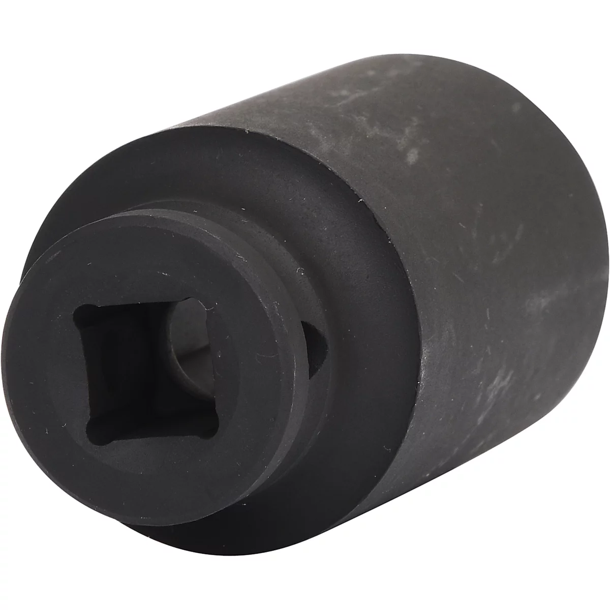 Schwarze Nuss für einen Schraubenschlüssel, mit quadratischer Öffnung und zylindrischer Form.