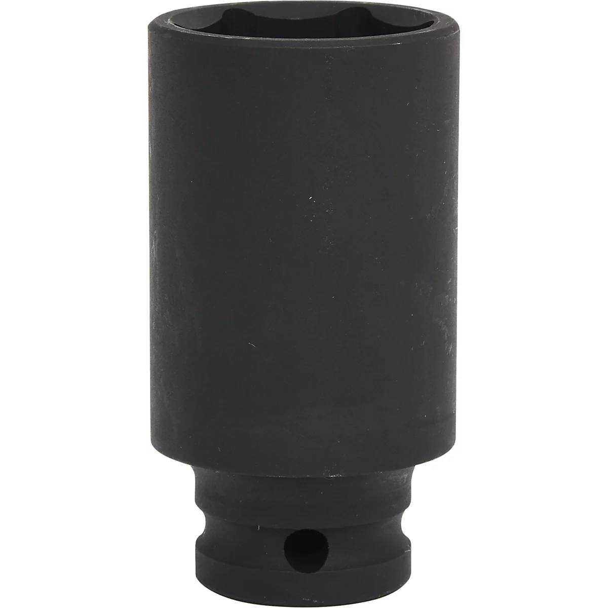 Schwarze Steckschlüsseleinsatz, zylindrisch mit sechseckiger Öffnung, steht auf weißem Hintergrund.