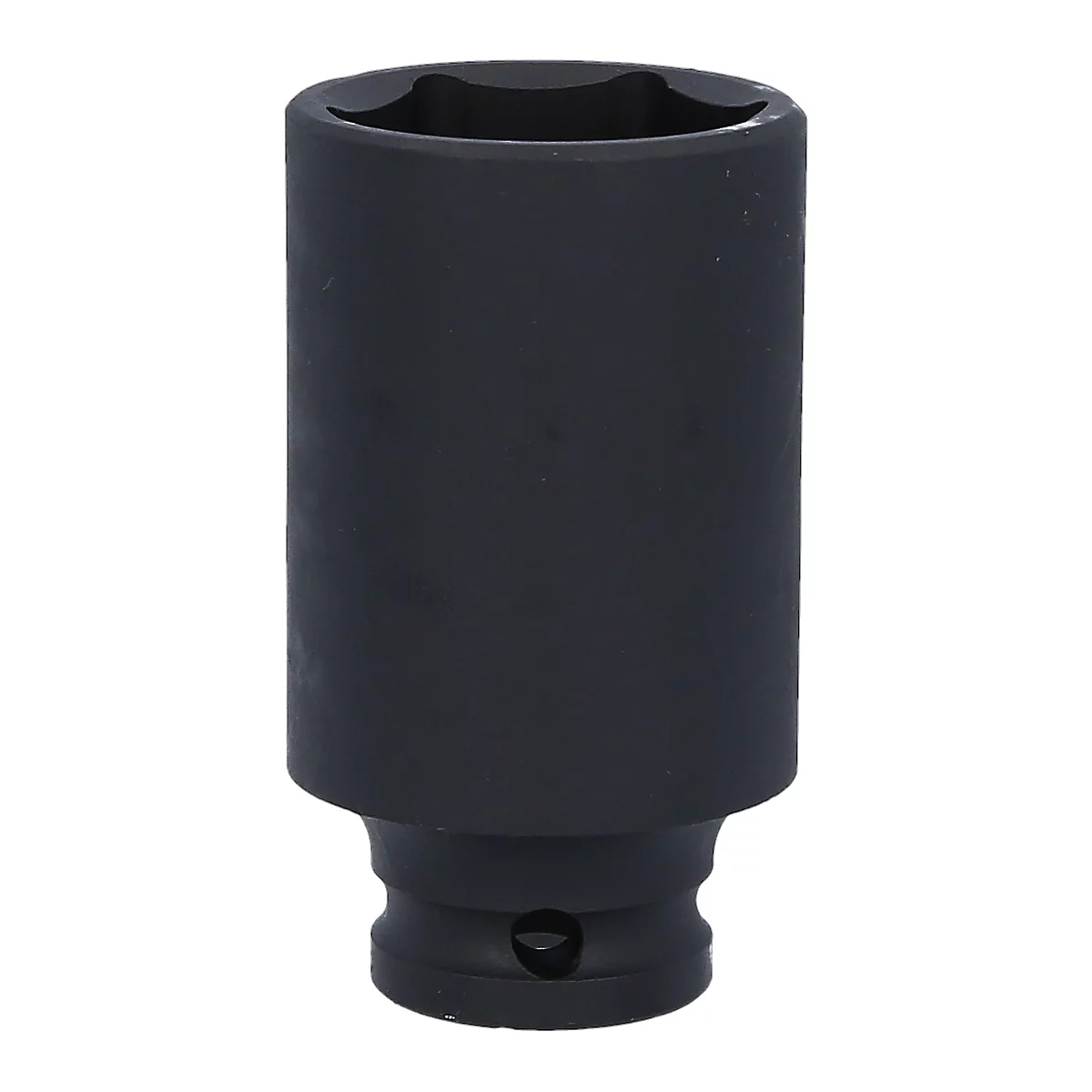 Schwarze Sechskant-Stecknuss. Das obere Ende hat eine sechseckige Öffnung. Die untere Hälfte ist breiter.