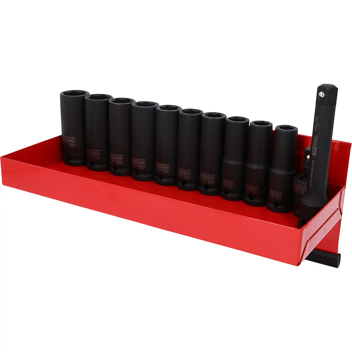 Schwarze Steckschlüsselsatz in roter Halterung.