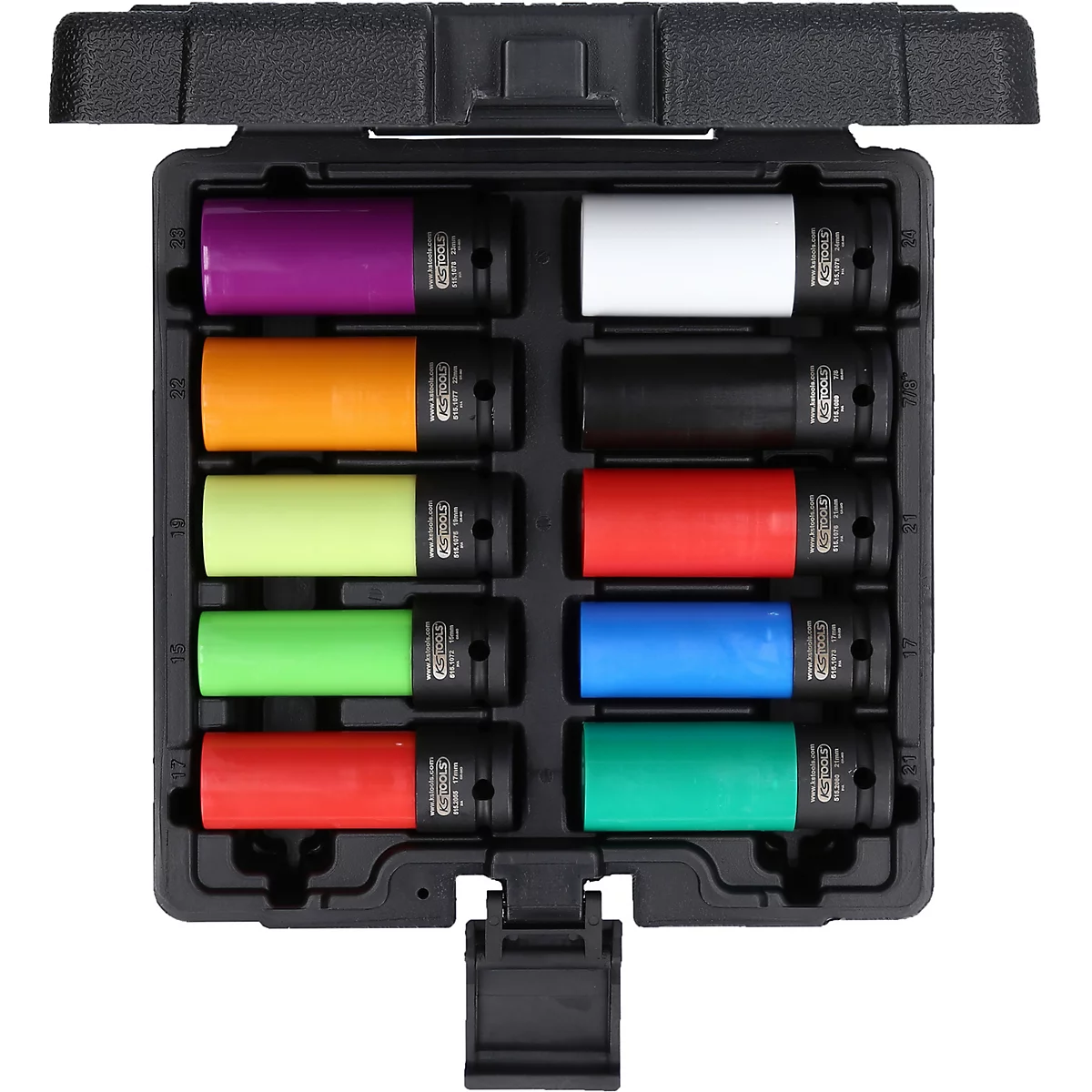 Eine Auswahl bunter Steckschlüssel in einem schwarzen Kasten. Farben: Violett, Orange, Gelb, Grün, Rot, Blau, Grün, Schwarz, Weiß.