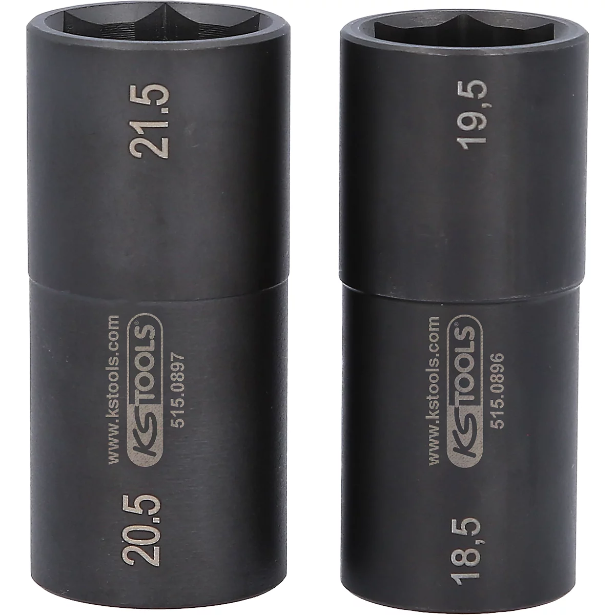 Zwei schwarze Steckschlüsseleinsätze. Links steht „21.5“ und „20.5“, rechts „19,5“ und „18,5“. Das Logo von KSTOOLS ist zu sehen.