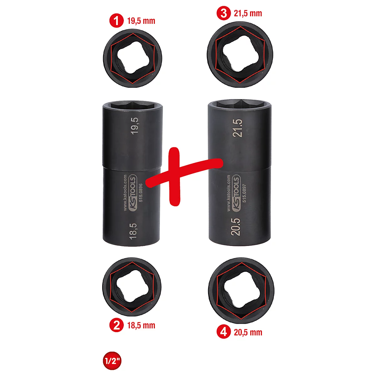 Schwarze Steckschlüssel mit Größenangaben und roter Kennzeichnung. 19,5 mm, 21,5 mm, 18,5 mm und 20,5 mm.