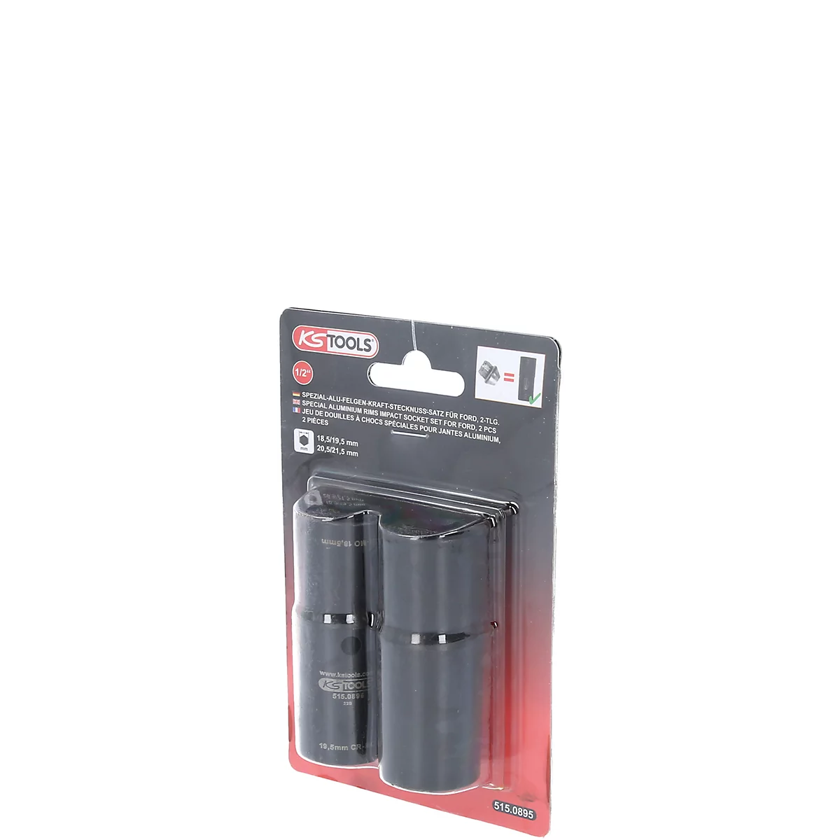 KS Tools Spezial-Zündkerzen-Einsatz für Ford. Zwei schwarze Zündkerzen-Einsätze in Verpackung.