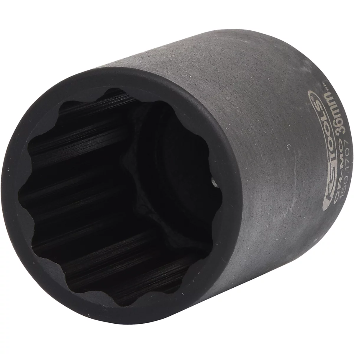 Dunkelgraue Steckschlüssel-Nuss, die innen eine gezackte Form hat. Auf der Seite steht: KSTOOLS 36mm.