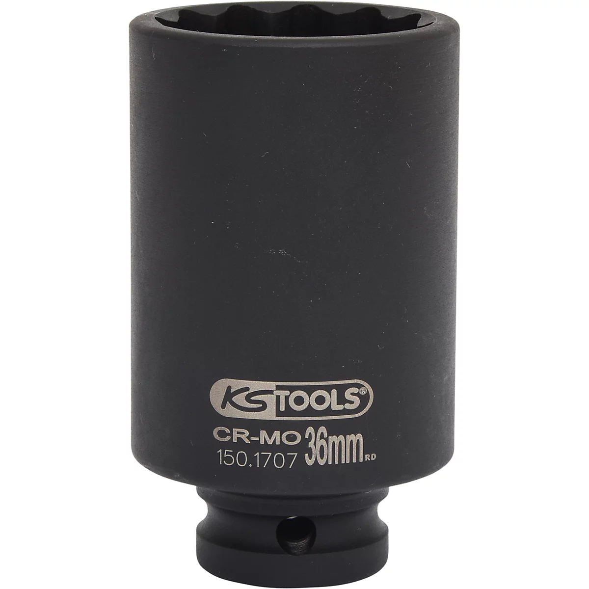 Schwarze Stecknuss mit 12-Kant-Profil. Aufschrift: KS TOOLS, CR-MO, 36mm.