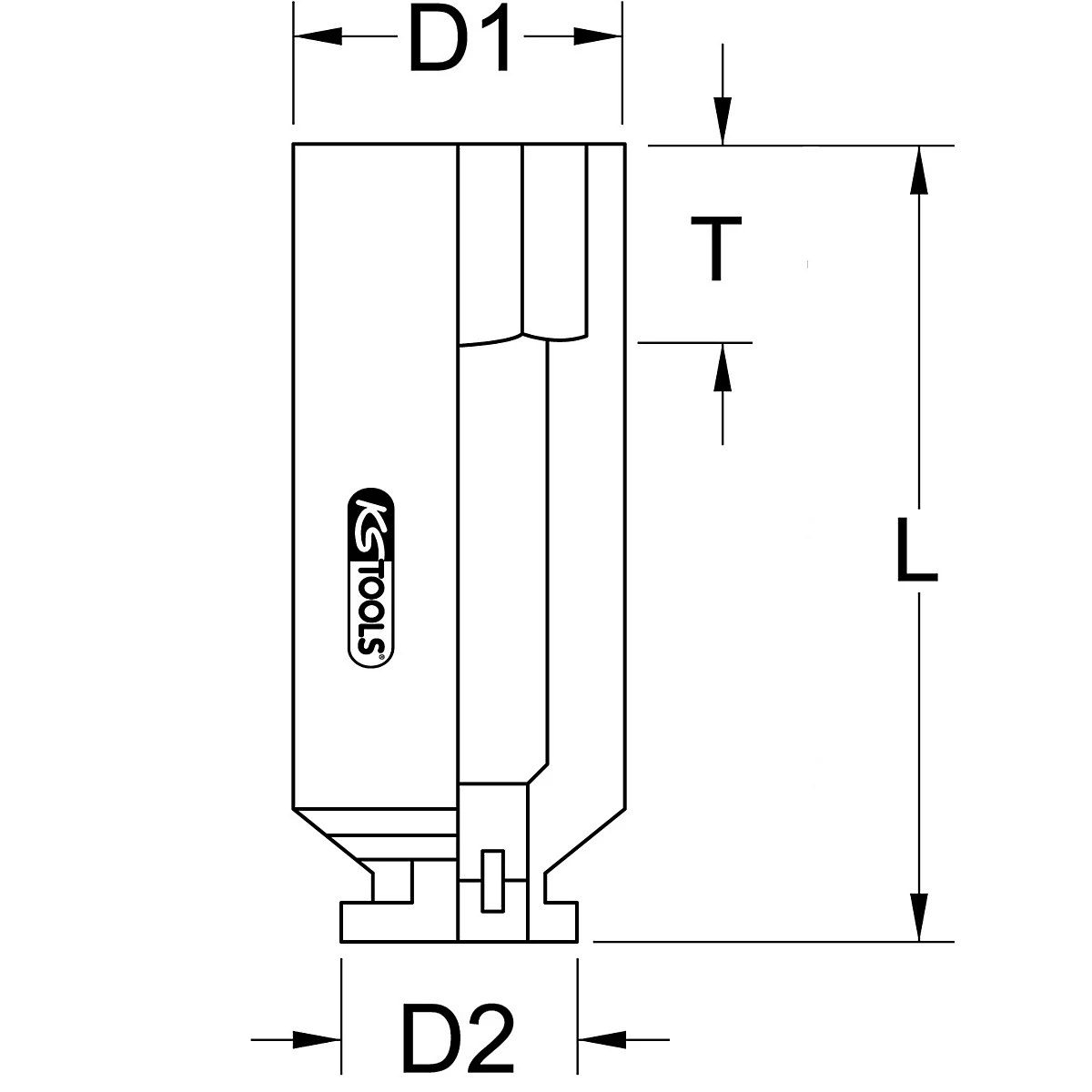 Eine schematische Seitenansicht eines Werkzeugs mit den Beschriftungen D1, D2, T und L. Das KS TOOLS Logo ist erkennbar.