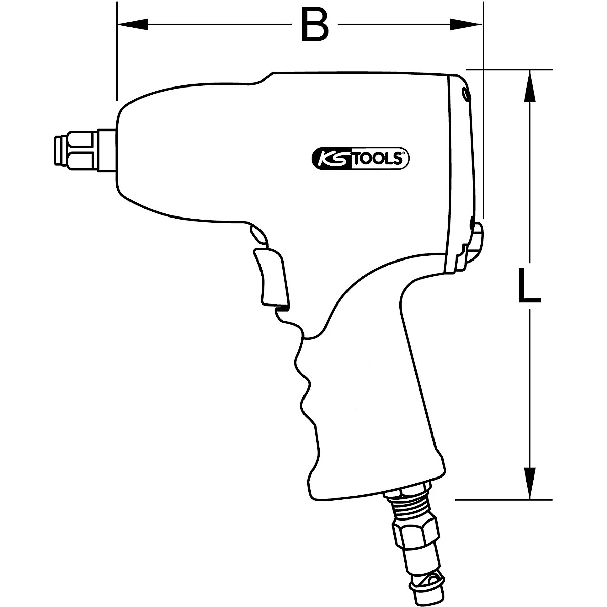 Schwarz-weiß Illustration eines Druckluftschraubers mit den Kennzeichnungen B und L.