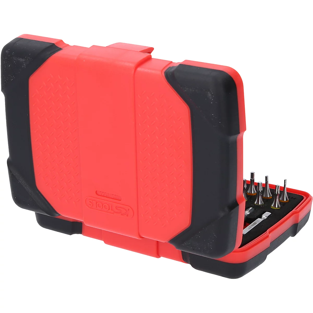 Roter Werkzeugkasten mit schwarzem Gummirand, geöffnet. Verschiedene Aufsätze sind zu sehen. Der Kasten hat den Schriftzug KS TOOLS.
