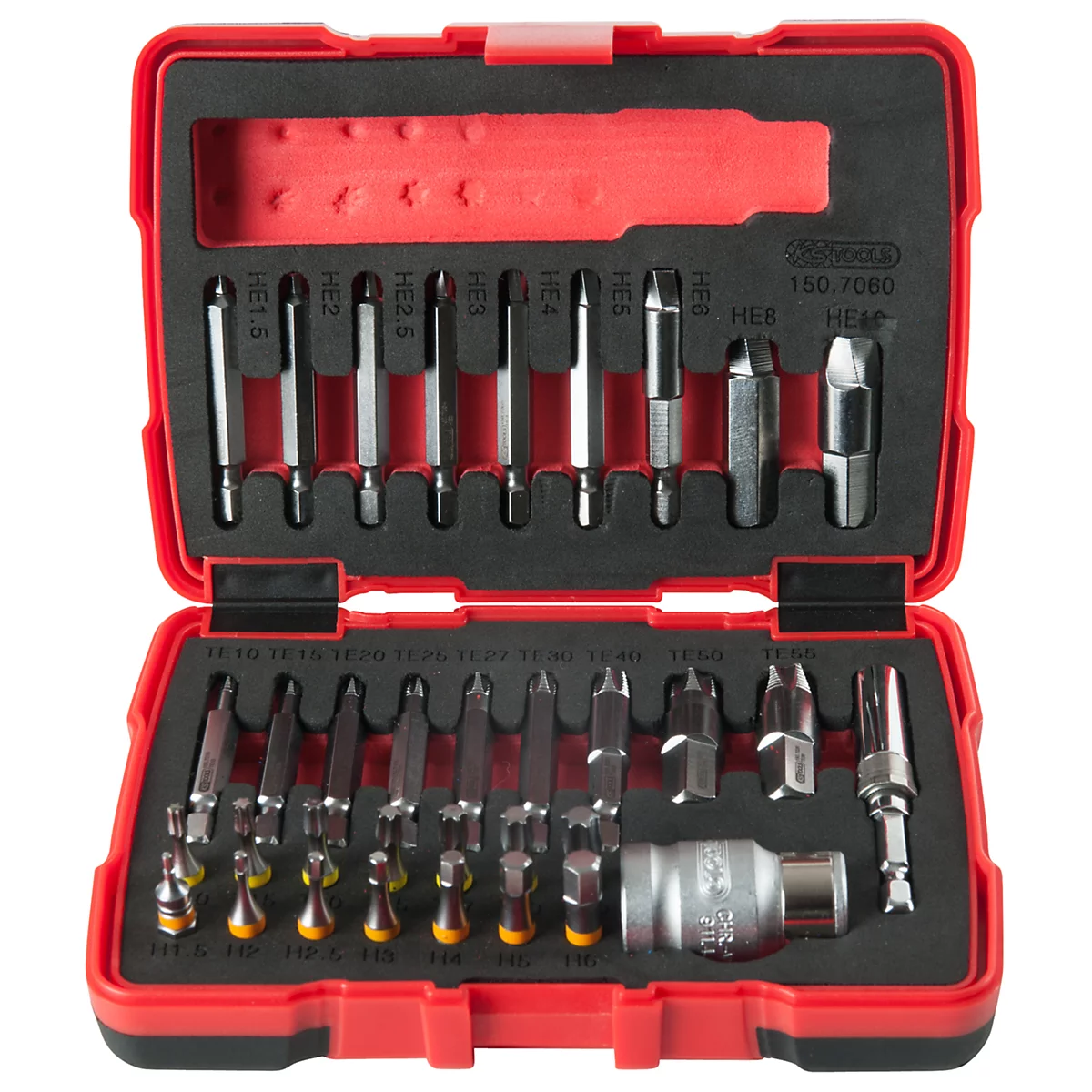 Werkzeugkasten mit Schraubendreher-Bits in roter Box. Die einzelnen Bits sind in schwarzem Schaumstoff eingebettet.
