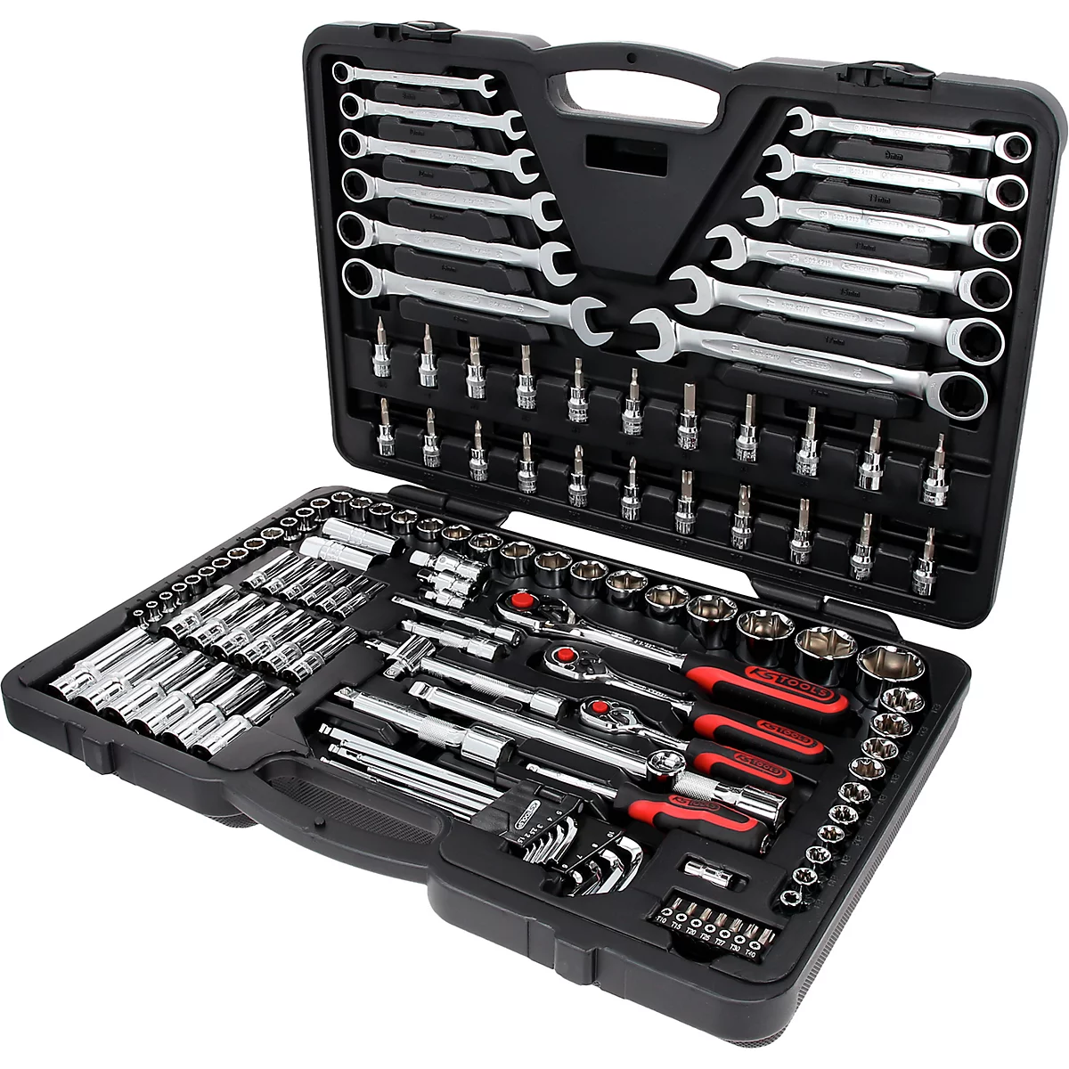 Schwarzer Werkzeugkoffer, geöffnet. Enthalten ist eine umfangreiche Auswahl an Schraubenschlüsseln, Steckschlüsseln und Zubehör.