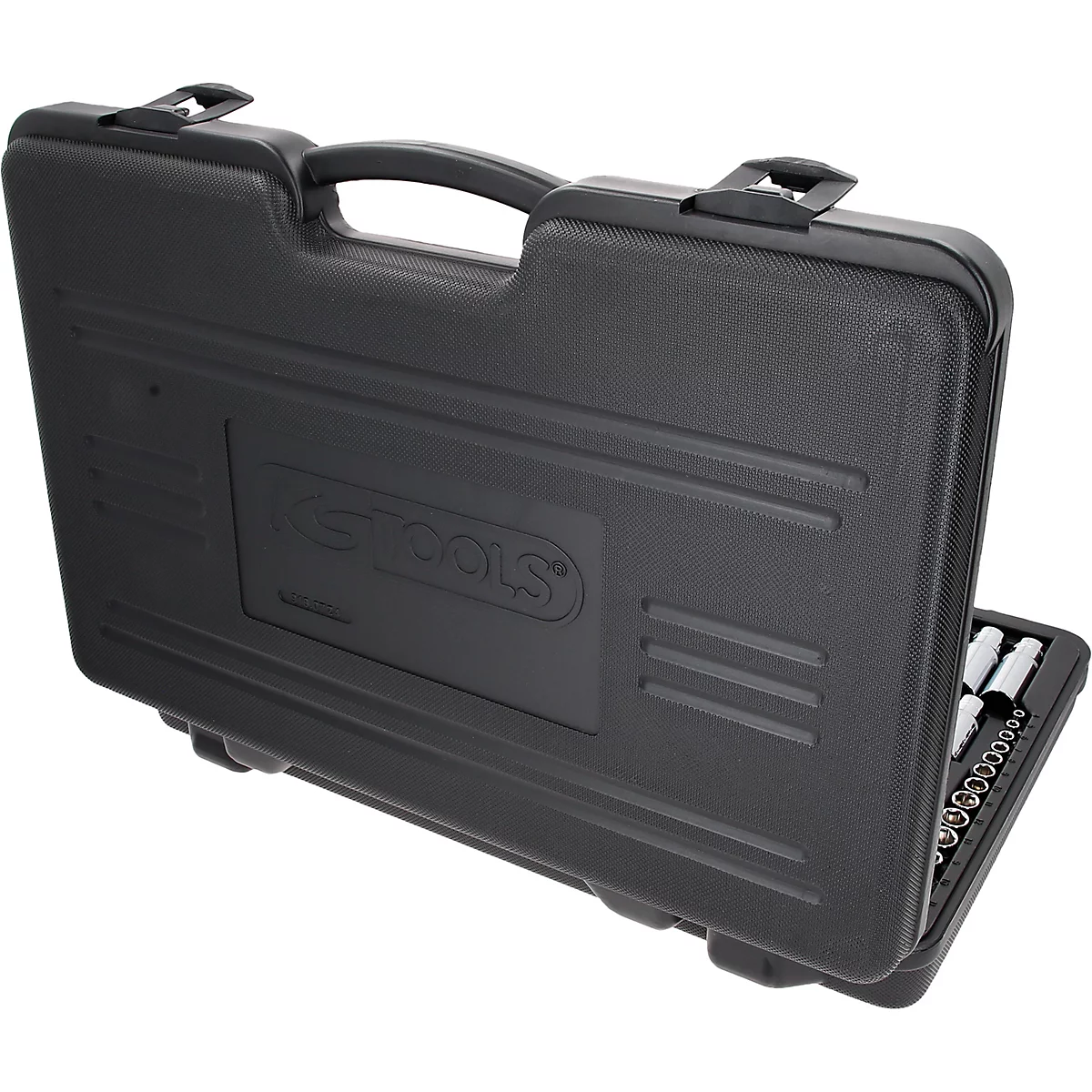 Schwarzer Werkzeugkoffer mit silbernen Werkzeugen. Auf der Vorderseite steht "KS TOOLS".