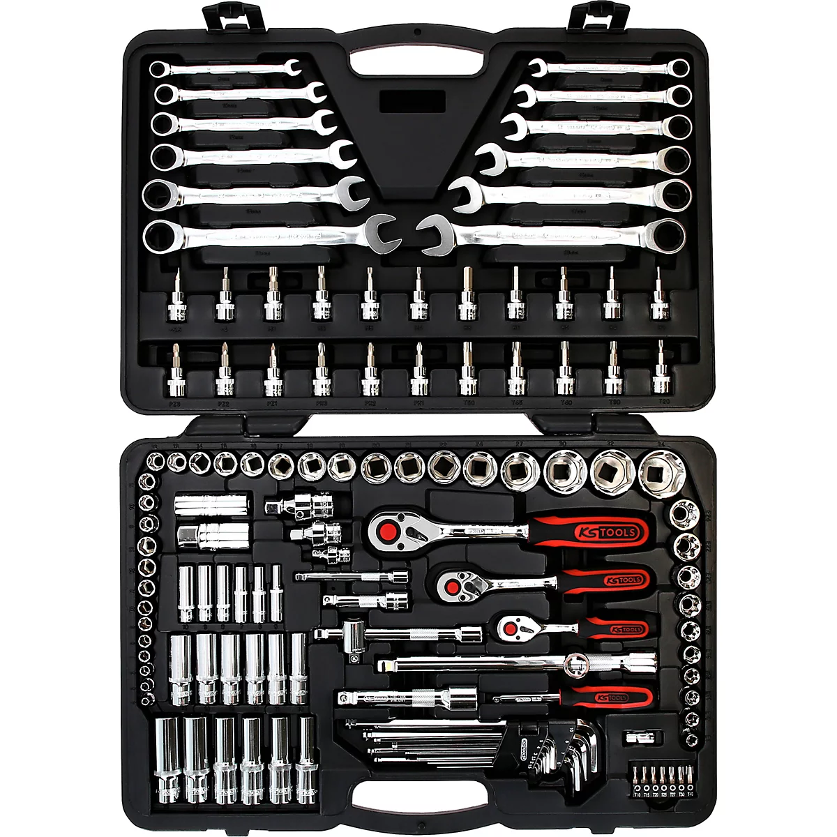 Werkzeugkoffer mit verschiedenen Werkzeugen. Schlüssel, Schraubenschlüssel und Steckschlüssel. Alles in einem schwarzen Koffer.