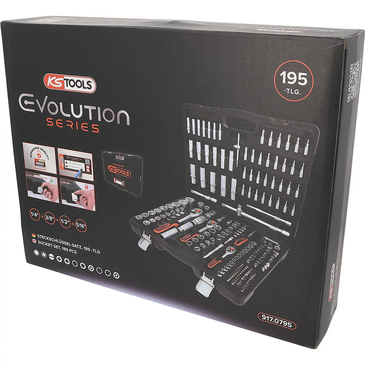 Schwarzer Werkzeugkoffer mit 195 Teilen. Aufschrift: KS Tools Evolution Series.