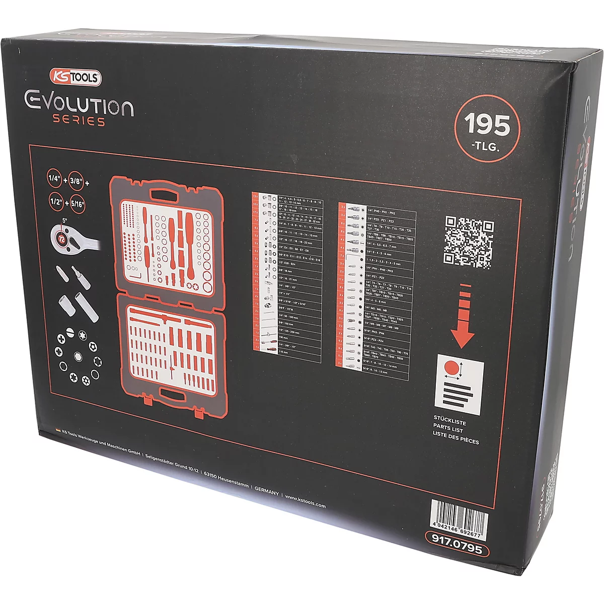 Schwarzer Werkzeugkoffer mit rotem Innenleben. Aufschrift: "KS TOOLS EVOLUTION SERIES 195 TLG."