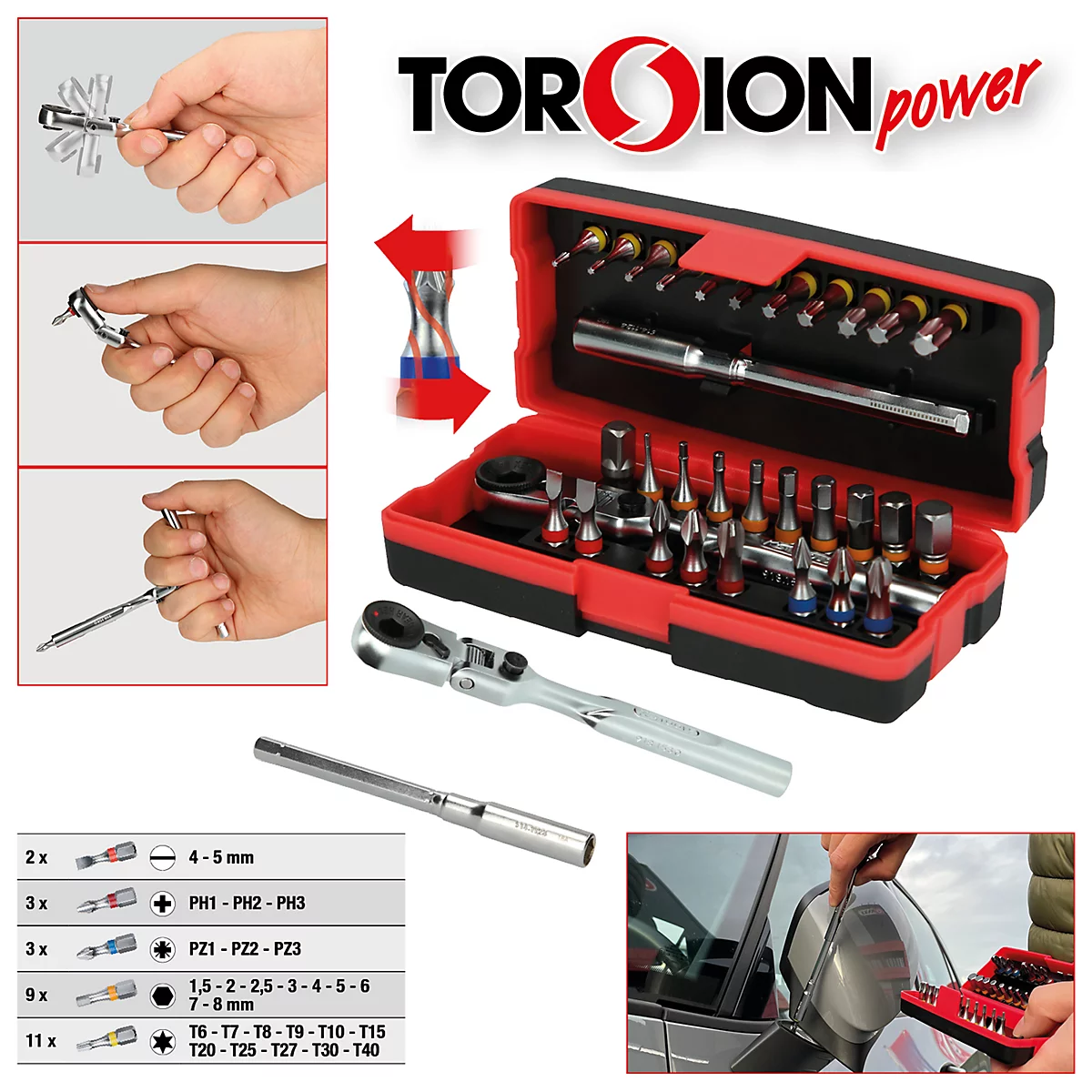 Werkzeugkasten mit Bits, Ratschen und Zubehör, teilweise im Einsatz. Inkl. Produktlogo und Größenangaben.