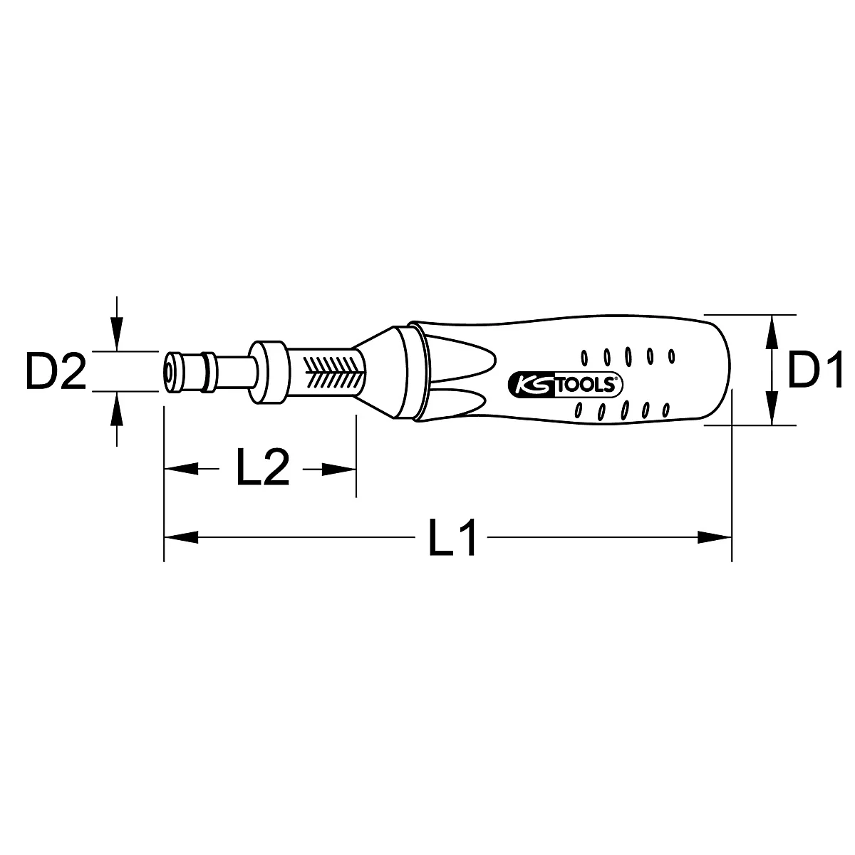 Ein Schraubendreher mit KS TOOLS-Logo, Längen- und Breitenangaben (D1, D2, L1, L2).